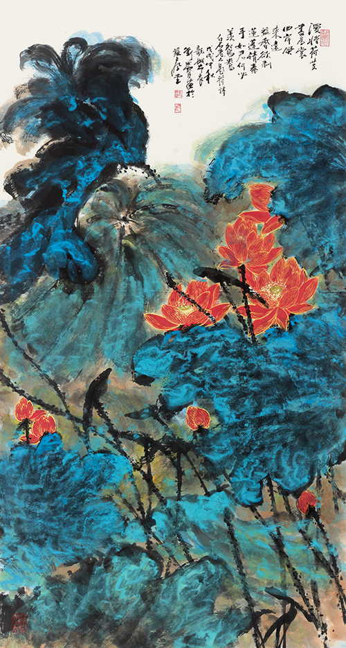 泼彩勾金荷花 180cmx96cm