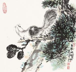 册页松针松鼠34cmx39cm